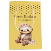 かわいいナマケモノ追加の名前水玉模様黄色 ミディアムペーパーバッグ (正面)