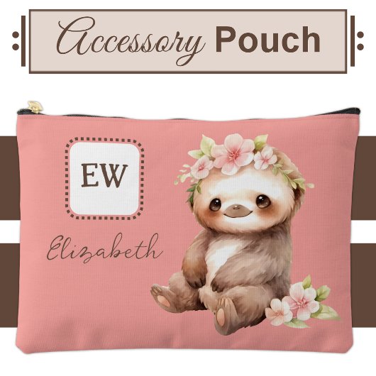 かわいいナマケモノ追加イニシャル名ピンク アクセサリーポーチ