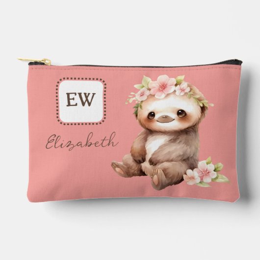 かわいいナマケモノ追加イニシャル名ピンク アクセサリーポーチ (正面)
