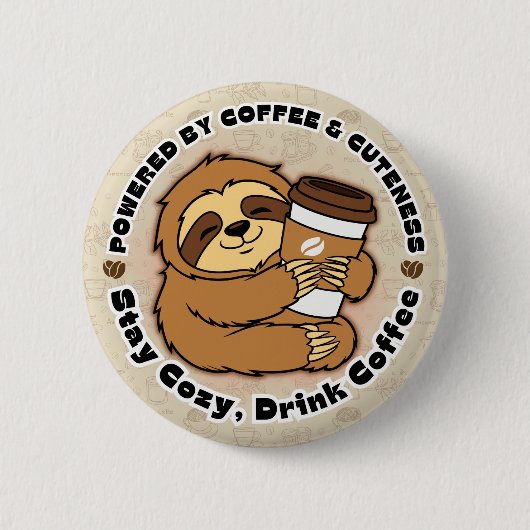 かわいいナマケモノ コーヒー好き ハグデザイン 缶バッジ (正面)