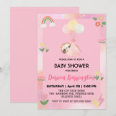 かわいいナマケモノ 花風船 ベビーシャワー パーティー 女の子 招待状 (正面/裏面)