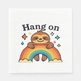 かわいいナマケモノ「Hang On」虹のポジティブステッカー スタンダードランチョンナプキン