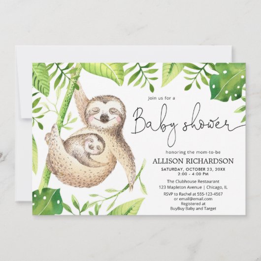 かわいいナマケ男女兼用ソウ緑のベビーシャワー 招待状 (正面)