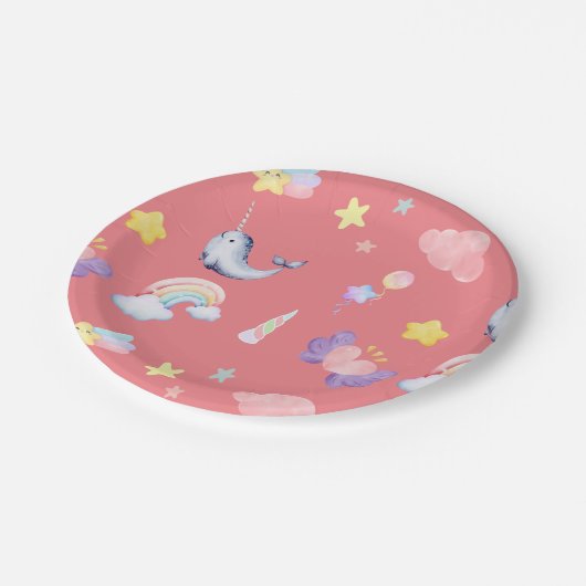 かわいいナルホールフィッシュユニコーンレインボーシー誕生日 ペーパープレート (アングル)