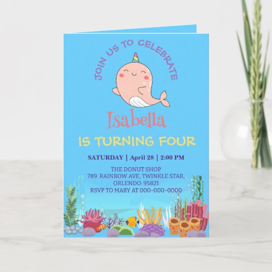 かわいいナルホールフィッシュユニコーンレインボーシー誕生日 招待状 (正面)