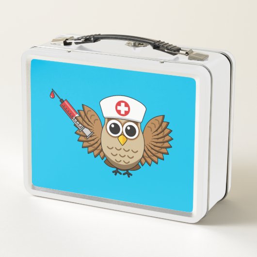 かわいいナースフクロウとシリンジ漫画 メタルランチボックス (裏面)