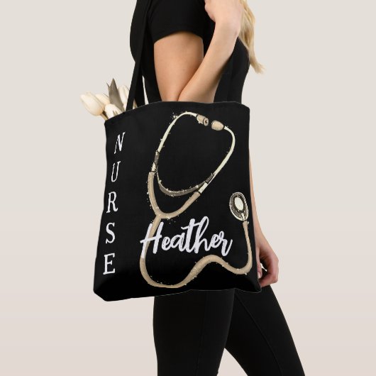 かわいいナース金ゴールド聴診器ブラックミニマリスト トートバッグ (クローズアップ)