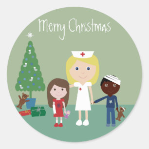 かわいいナース、キッズ&クリスマスツリーのシール ラウンドシール
