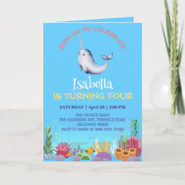 かわいいナールフィッシュユニコーンホエールシー誕生日 招待状