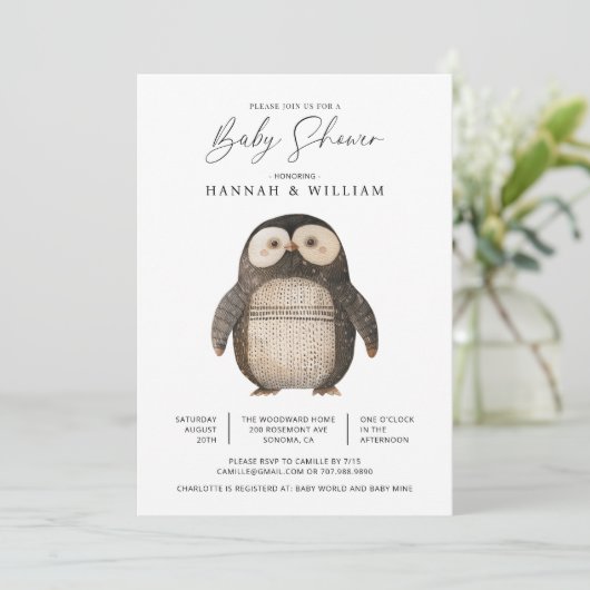 かわいいニットペンギン赤ちゃんシャワー 招待状 (スタンド正面)