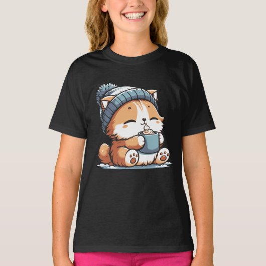 かわいいニット帽の冬の猫 かわいい動物  Tシャツ (正面)