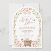 かわいいニット フラワー ウッドランド クマ 赤ちゃん女の子 シャワー 招待状 (正面)