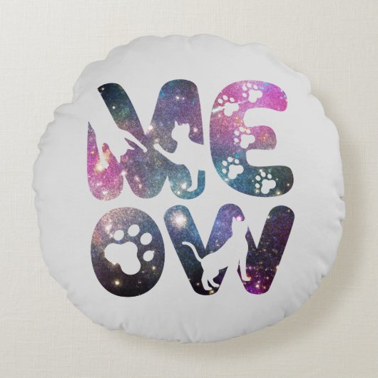 かわいいニャー猫のシルエットと猫のパウのプリント ラウンドクッション (正面)