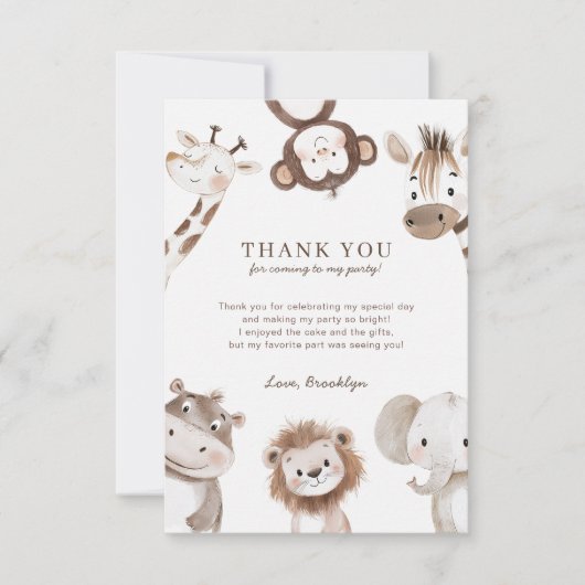 かわいいニュートラルサファリジャングルの誕生日 サンキューカード (正面)