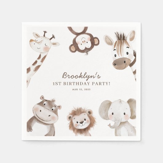かわいいニュートラルサファリジャングル誕生日パーティーキッズ スタンダードカクテルナプキン (正面)