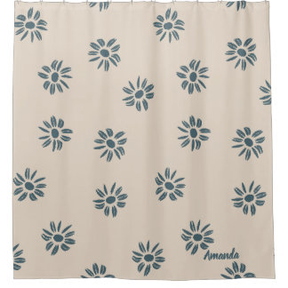 かわいいニュートラルブルーベージュモノグラム名 シャワーカーテン