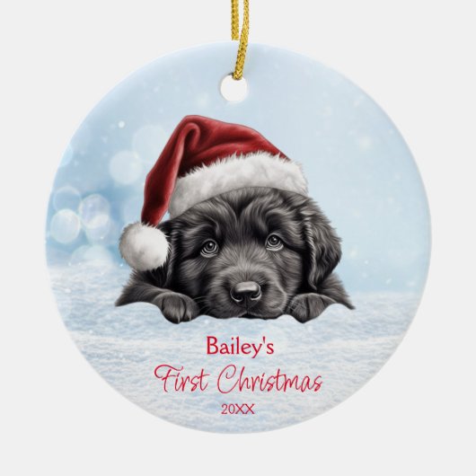 かわいいニューファンドランド犬の雪サンタハット1stクリスマス セラミックオーナメント (正面)