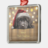 かわいいニューファンドランド犬サンタハットパーソナライズされた メタルオーナメント (左)