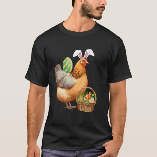 かわいいニワトリとウサギの耳 イースターエッグ イースターの日 お祝い Tシャツ (正面)