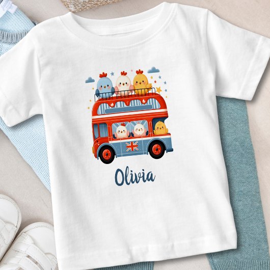 かわいいニワトリとロンドンバス ベビーTシャツ