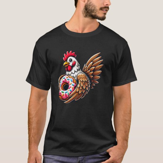 かわいいニワトリのドーナツ食べる姿 Tシャツ (正面)