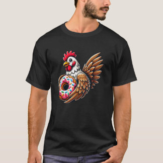 かわいいニワトリのドーナツ食べる Tシャツ