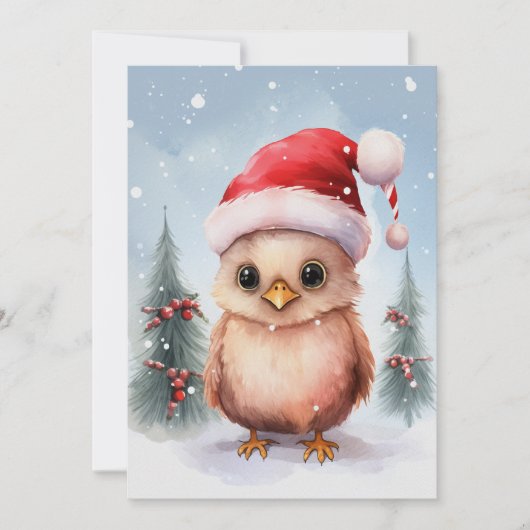 かわいいニワトリの冬のクリスマス水彩画 招待状 (正面)