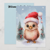 かわいいニワトリの冬のクリスマス水彩画 招待状 (正面/裏面)