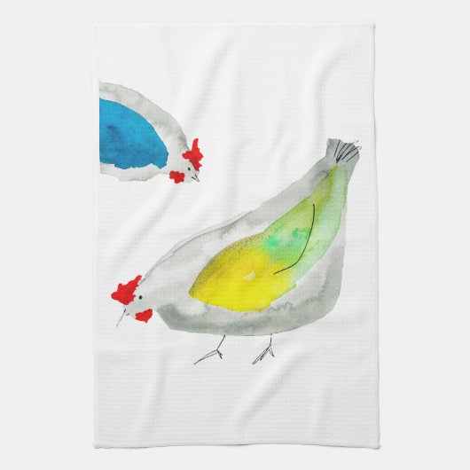 かわいいニワトリの水彩画 キッチンタオル (縦)