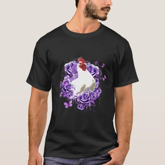 かわいいニワトリ紫の花の女性蝶 Tシャツ (正面)