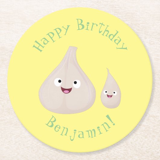 かわいいニンニクのマンガ野菜イラストレーション ラウンドペーパーコースター (正面)