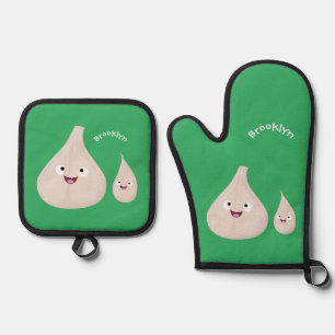 かわいいニンニクのマンガ野菜イラストレーション 鍋つかみ&鍋敷きセット