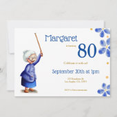 かわいいネイビーとホワイトの杖を持つ老婦人 花柄 招待状 (正面)