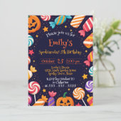 かわいいネイビーのハロウィンお菓子の子供の誕生日 招待状 (スタンド正面)