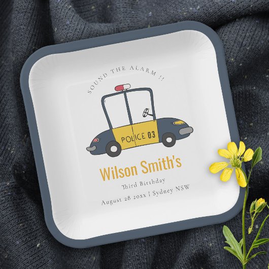 かわいいネイビーイエロー警察の車の子供たち任意の年齢誕生日 ペーパープレート