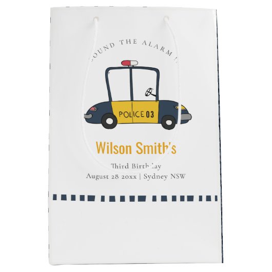 かわいいネイビーイエロー警察の車の子供たち任意の年齢誕生日 ミディアムペーパーバッグ (正面)