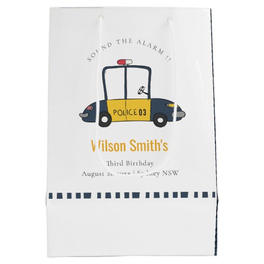 かわいいネイビーイエロー警察の車の子供たち任意の年齢誕生日 ミディアムペーパーバッグ (裏面)