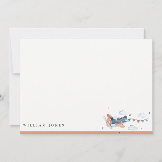 かわいいネイビーサビれた飛行機雲空星子供の誕生日 ノートカード (正面)