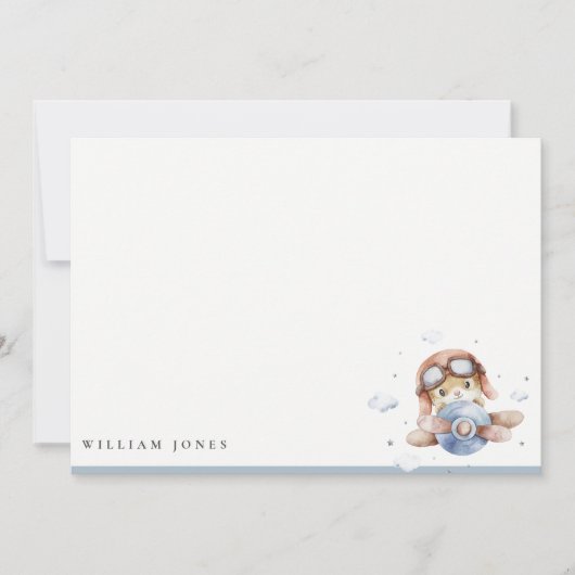 かわいいネイビーサビオレンジ飛行機テディ スカイ 星 キッズ誕生日 ノートカード (正面)