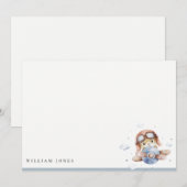 かわいいネイビーサビオレンジ飛行機テディ スカイ 星 キッズ誕生日 ノートカード (正面/裏面)