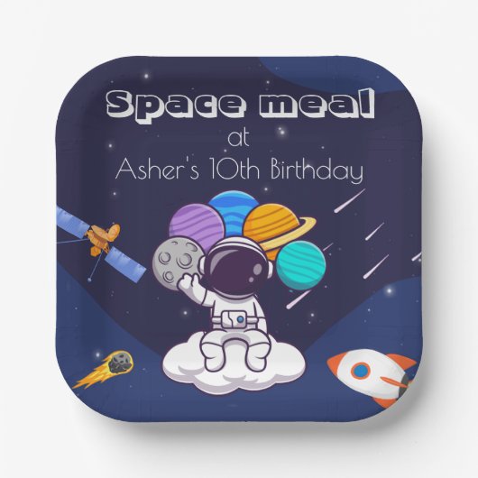かわいいネイビーブルー宇宙飛行士宇宙テーマスクエア ペーパープレート (正面)