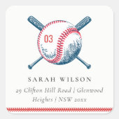 かわいいネイビーレッド野球こうもりスターキッズアドレス スクエアシール (正面)