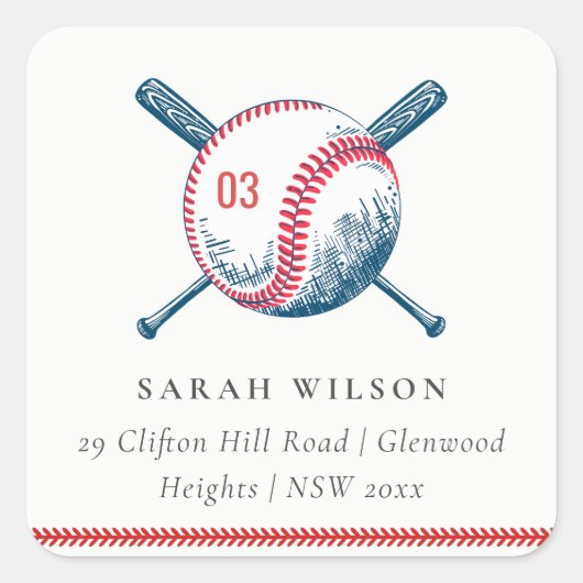 かわいいネイビーレッド野球こうもりスターキッズアドレス スクエアシール (正面)