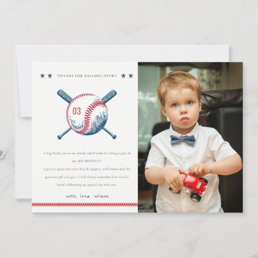 かわいいネイビーレッド野球の子供の写真誕生日 サンキューカード (正面)