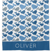 かわいいネイビー·ブルー·グレー·ホエール·キッパーソナライズされたズ シャワーカーテン (正面)