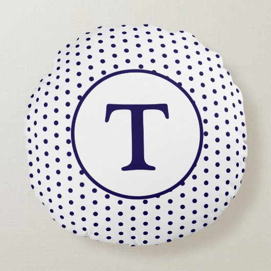 かわいいネイビー&ホワイトポルカドット円枕 ラウンドクッション (正面)