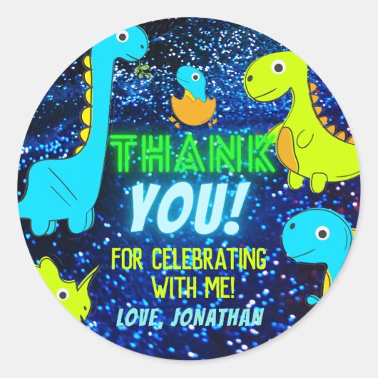 かわいいネオンカラフル恐竜の少年パーティーありがとう ラウンドシール (正面)