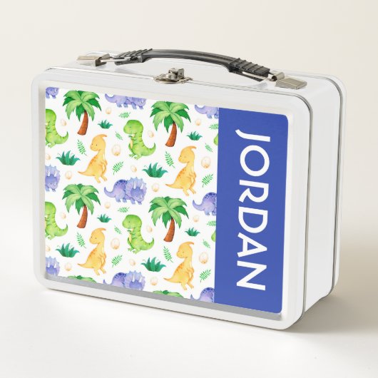 かわいいネオン水彩恐竜のパターン メタルランチボックス (正面)