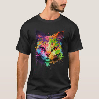 かわいいネオン落書きインキ跳ね猫 Tシャツ