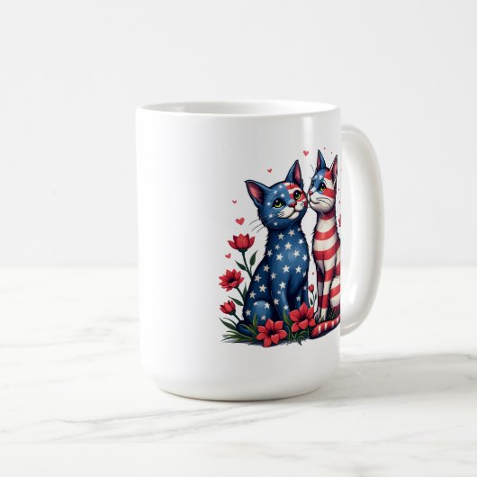かわいいネコたちアメリカ国旗と花愛国心 コーヒーマグカップ (正面右)